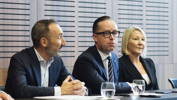 Alan Joyce (centre), with Jetstar boss Gareth Evans and Qantas International CEO Alison Webster on Monday. 