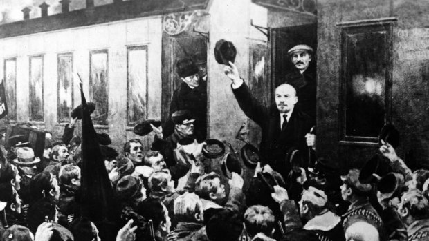 A depiction of Lenin arriving at St Petersburg's Finland Station in April 1917 (with Stalin, who was not present, standing behind him in the carriage). He was sent to Russia by the German government.