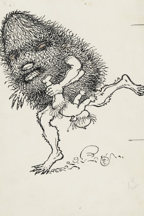 A gumnut baby is carried off by one of the villainous Banksia Men in this illustration by May Gibb.