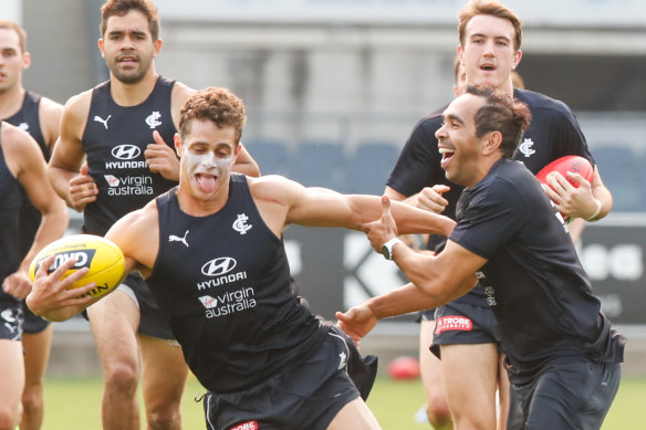Eddie Betts and Ed Curnow share a laugh at training during this pre-season. 