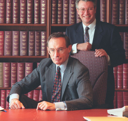 Shows Premier Bob Carr and Treasurer Michael Egan at State Parliament prior to announcing the budget, 1995.