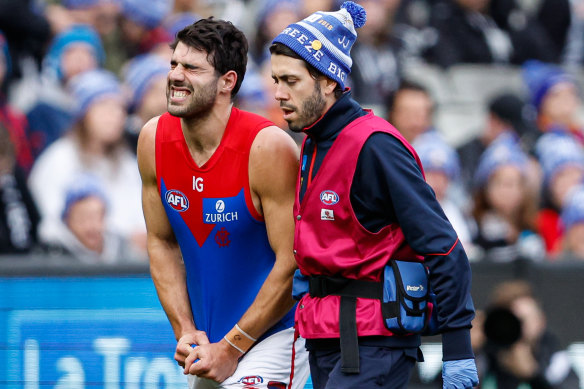 Christian Petracca was in immediate pain after the collision in the King’s Birthday clash.