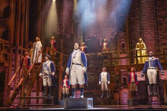 The Hamilton cast on stage at the show’s premiere in Sydney in 2021. 