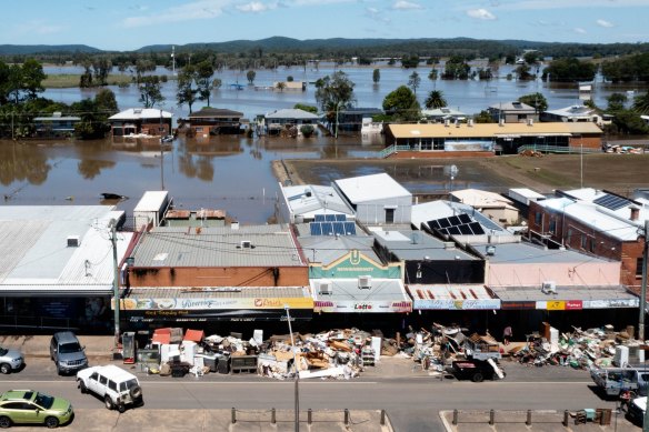 The shops along the main street of Woodburn have all their destroyed goods on the footpath, after the entire town in the Northern Rivers region of NSW, was damaged by flood waters.