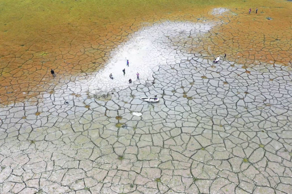 This photo released by Nantou County government shows the dried bed of Sun Moon Lake in central Taiwan.