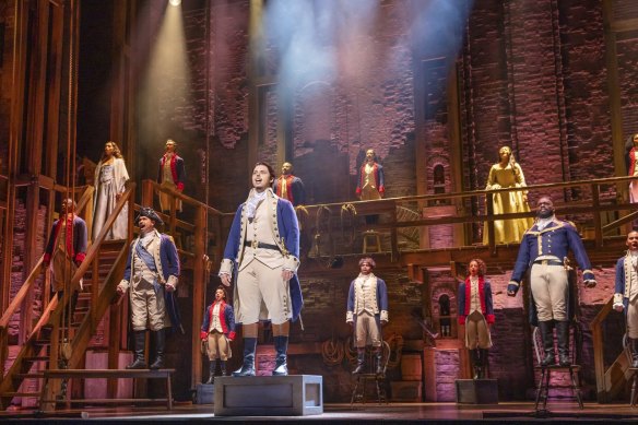 The Hamilton cast on stage at the show’s premiere in Sydney.