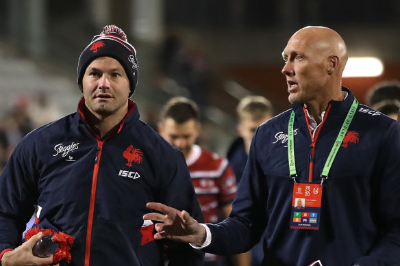 Roosters assistant coach Craig Fitzgibbon, right, with Boyd Cordner.