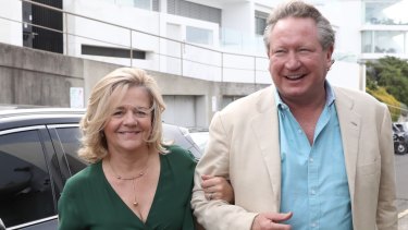 Nicola and Andrew Forrest arrive at a 20-year party with Sarah and Lachlan Murdoch in Icebergs Bondi on Friday.
