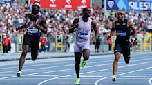 Oblique Seville (centre) won a historic men’s 100m race.