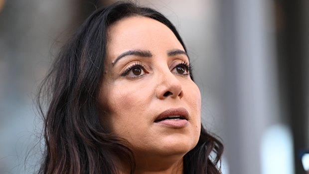 Antoinette Lattouf addresses the media outside Federal Court in February.