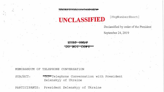 The first page a White House-released rough transcript of Trump's phone call with Ukraine's President.