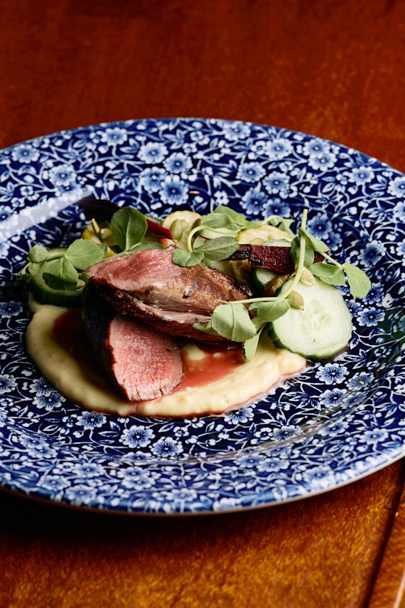 Wild venison tenderloin with a parsnip puree and cucumber salad.