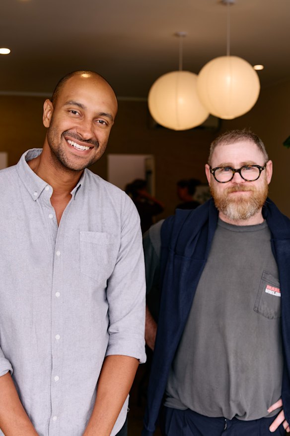 Matt Okine and Dan Wilson at their LPO wine store in Tarragindi.