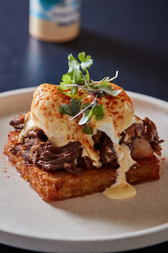 Emil’s eggs benny with slow-cooked beef ribs and tahini hollandaise.