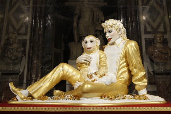 U.S. artist Jeff Koons’ sculpture “Michael Jackson and Bubbles” at displayed at the Versailles in 2008.