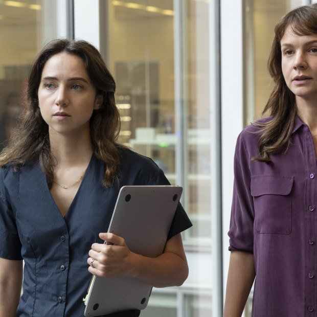 Zoe Kazan as Jodi Kantor, left, and Carey Mulligan as Megan Twohey in a scene from She Said. The film has prompted discussion in the local industry about the connection between Harvey Weinstein and a major local poducer.