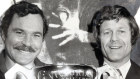 Then-North Melbourne coach Ron Barassi and former Hawthorn coach David Parkin hold the 1978 VFL premiership trophy before the game. Hawthorn would go on to defeat North Melbourne by 18 points (121-103) to win the premiership.