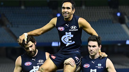Eddie Betts is chaired off the field in his final game.