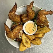 Cuban wings, plantain chips and voodoo mayo.