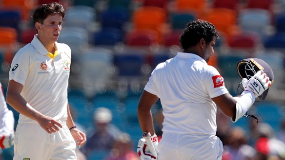 Jhye Richardson, in his debut Test in 2018, strikes Sri Lanka’s Kusal Perera in the helmet.