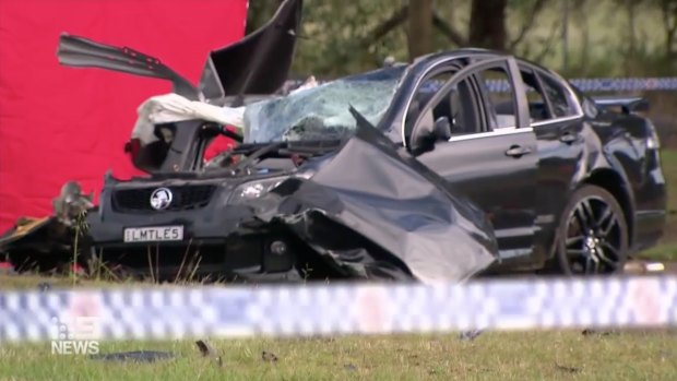 The allegedly stolen car that crashed into a pole in Abbotsbury, killing two teens. 