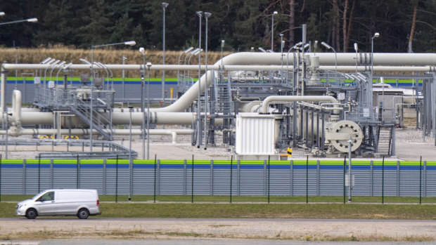 Pipe systems and shut-off devices are seen at the gas receiving station of the Nord Stream 2 Baltic Sea pipeline in Lubmin, Germany.