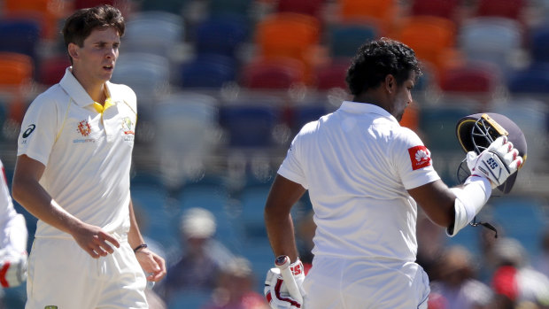 Jhye Richardson, in his debut Test in 2018, strikes Sri Lanka’s Kusal Perera in the helmet.