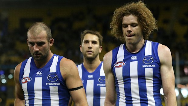 Near miss: Ben Cunnington and Ben Brown leave the ground after North's narrow loss to Richmond.