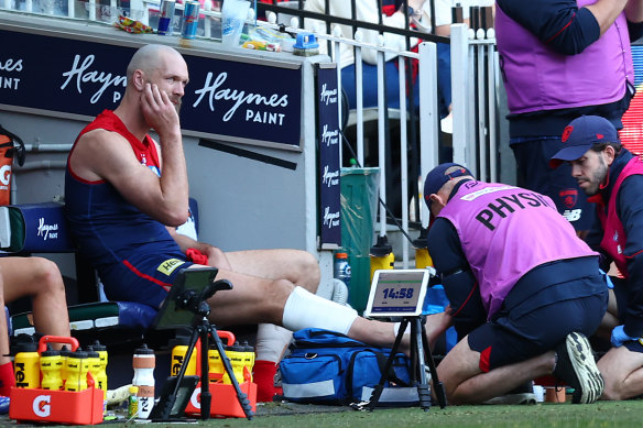 Max Gawn gets his ankle treated during the win over West Coast.