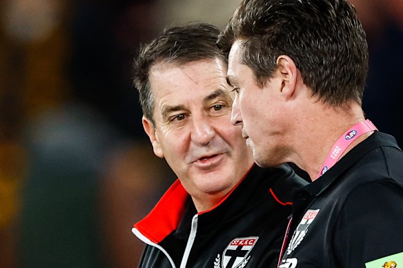 Ross Lyon with newly appointed St Kilda football manager Lenny Hayes, a champion of the club.