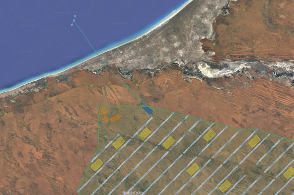 The Asian Renewable Energy Hub design, with the blue dots on land representing turbines and the yellow boxes solar arrays. 