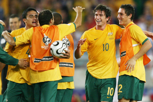 Harry Kewell  celebrates during the 2006 World Cup in Germany after the Socceroos progress to the knock-out phase.
