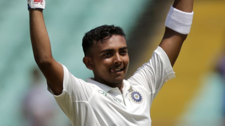 India's Prithvi Shaw celebrates his century on debut.