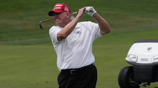 Donald Trump plays during the pro-am round of the Bedminster Invitational LIV Golf tournament in Bedminster.