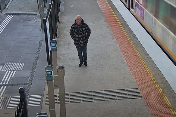 A security camera shot of Lees leaving Shepparton train station.