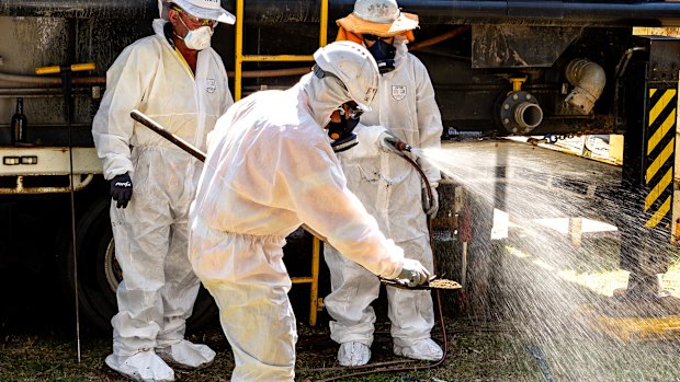 Cleanup workers are seen undertaking maintenance on a leaked sewerage pipe in Wentworth Park, Sydney, Friday, 5 December 2025.  Photo: Sam Mooy / The Sydney Morning Herald