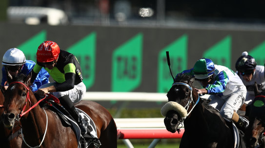 Think About It drives away from I Wish I Win and Private Eye to win The Everest at Randwick on Saturday. 