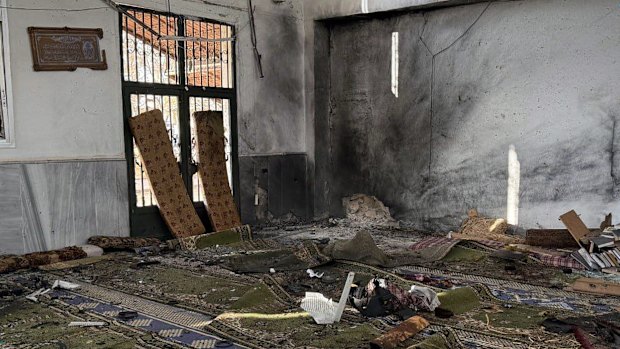 The damage caused by an explosion in a mosque in Homs, Syria.