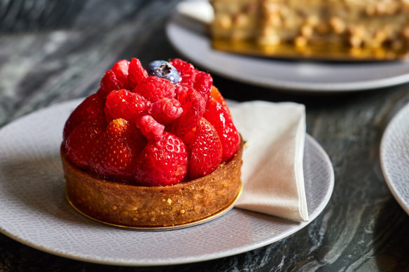 Rise’s shortbread fruit tart with a frangipane almond creme, creme patissiere and fresh berries.