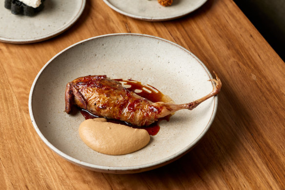 Quail wrapped in pancetta with an apple and chestnut butter.