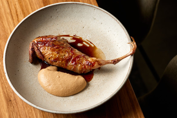 Quail with pancetta served with an apple and chestnut butter.