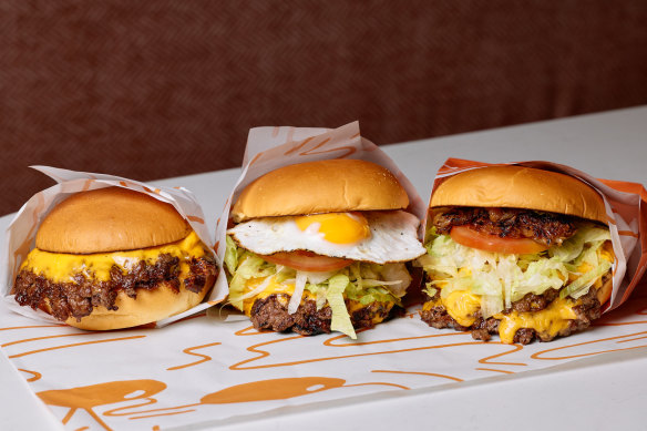 Two Yolks’ burgers feature imported American buns, Cape Grim grass-fed beef and Bangalow pork.