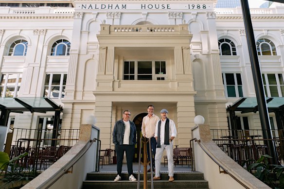 Paul Piticco, Denis Sheahan and Andrew Baturo outside Naldham House, which they reopened as a food precinct in 2024.