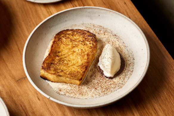 Spiced anglaise torrijas served with milk ice cream and coffee nameleka.