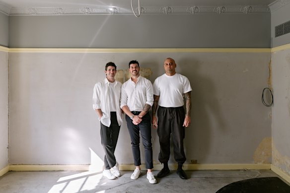 David Flynn, Ollie Hansford and Maui Manu inside the old Merivale apartments. Regular Fanda collaborator Jared Webb of J.AR OFFICE has been tasked with keeping many of the internal heritage features intact.