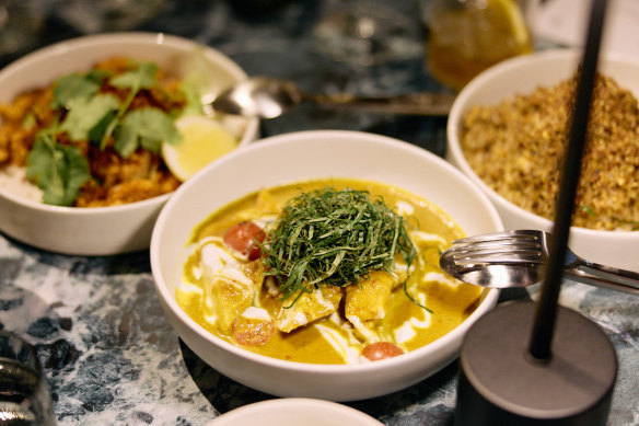 Hiramasa kingfish curry with coconut, turmeric, cherry tomatoes, kaffir lime and betel leaf.