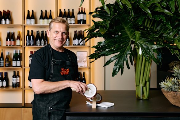 Martin Boetz at Short Grain with his coconut scraper, which can be bought for as little as $5 at your local Asian supermarket.