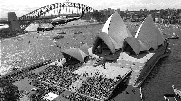 Crowds at the 1973 opening of the Sydney Opera House.  
