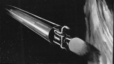 This is an artist's conception of a nuclear rocket missile from the late 1950s. 