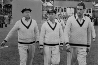 Don Bradman, left, leads Australia on to the field for their tour match with Worcestershire during The Invincibles tour in 1948.